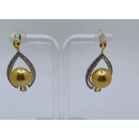 Golden South Sea Pearl and Citrine Sterling Silver Earrings - Picture 4 of 6